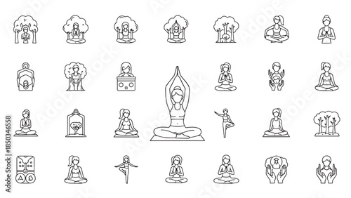 Line art icons illustrating people practicing yoga poses, meditation, and nature
