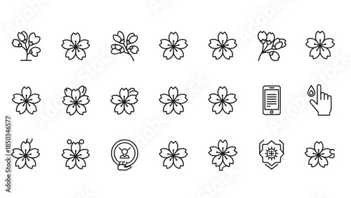 Line art icons include cherry blossoms, blood glucose monitor, remote support, and a virus protected by a shield