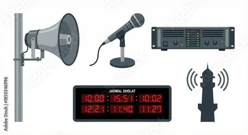 Illustrative collection of essential audio communication tools and prayer time display for mosque and public announcement systems