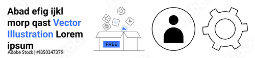 Bold user icon, open box with floating icons labeled FREE, and settings gear. Ideal for app onboarding, customization, user profile setup, software features, digital tools, content sharing