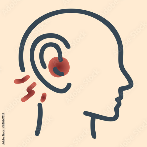 Ear pain medical line icon with red inflammation highlight on beige background