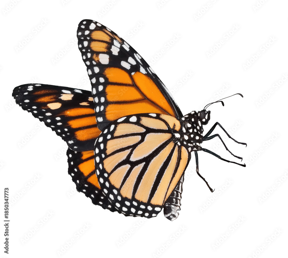 Fototapeta premium Bright orange monarch butterfly flying isolated on white background, detailed PNG with bold warm tones, classic nature insect artwork, eye catching decorative clipart for seasonal, garden and wildlife