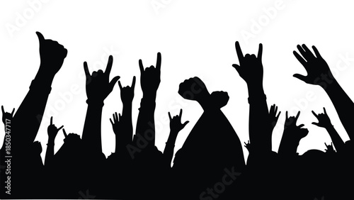 Crowd of people raising hands in various gestures showing rock and roll sign on transparent background