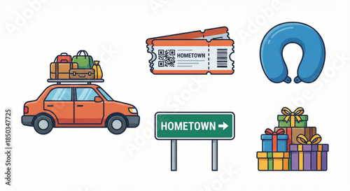 Collection of travel-related icons including a car with luggage, tickets, a neck pillow, and gifts, representing journeys and getaways