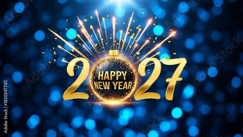 Golden fireworks illuminate Happy New Year 2027 celebration on a blue bokeh background