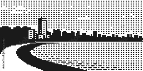 A black silhouette vector illustration of a New York City skyline featuring urban skyscrapers and downtown architecture against a night sky for modern cityscape design