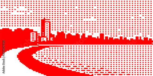 Vector illustration of a mosaic grid pattern featuring the New York and Seattle city skylines in red digital art texture for a technology banner wallpaper backdropVector illustration of a mosaic grid 