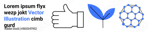 Sustainability, science, approval, eco-friendly initiatives, biology, molecular structures. Thumb symbol, blue leaf molecular diagram. Sustainability and science concepts illustrated visually
