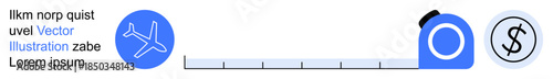 Cost efficiency, travel expenses, airline industry, business planning, budgeting concepts, financial strategy. Plane icon, tape measure dollar sign cost measurement. Travel expenses and airline