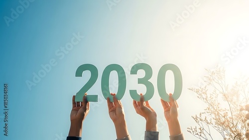 Hands holding up large green numbers representing the year 2030 towards a sunny sky with trees
