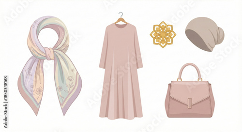 Elegant collection of women's modest fashion essentials a long dress, pastel scarf, chic handbag, and stylish head covering for contemporary grace