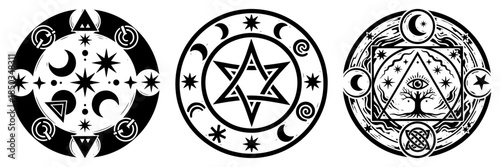 Collection of mystical occult symbols and esoteric sacred geometry circles in black and white