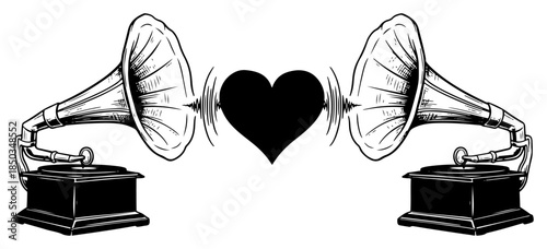 Two vintage gramophones playing music with a heart shape between them in engraving style