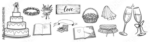 Hand drawn wedding element collection with cake and champagne glasses