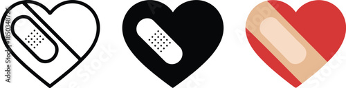 Heart with plaster icon, symbol for mending, health, and care, medical assistance graphic