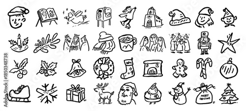 Set of sketchy christmas icons and festive winter elements for holiday design