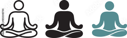 Three different styles of person meditating icons outline solid fill and full color isolated on background