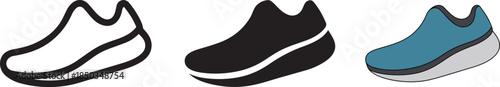 Three variations of modern sneaker icons including outline solid fill and full color isolated on background