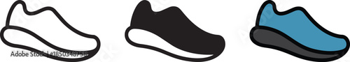Three variations of running shoe icons including outline solid fill and full color isolated on background