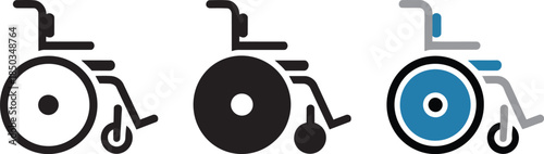 Wheelchair icon set, different styles and colors, accessibility symbol, disabled transport graphic
