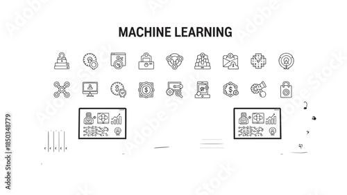 Machine learning icons, a set of simple sketches, charts, data, and various symbols, arranged