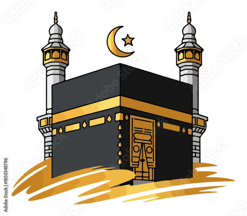 Holy Kaaba illustration with minarets and crescent moon for islamic pilgrimage