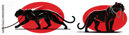 Set of black panthers on chains featuring stalking and standing poses