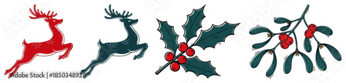 Leaping reindeer silhouettes with holly and mistletoe branches