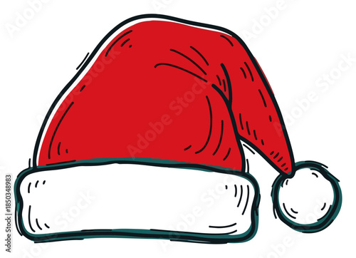 Red santa claus hat with white fur in doodle sketch style