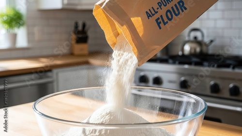 Pouring white all-purpose flour from a paper bag into a glass bowl against a blurred kitchen background, suitable for cooking blogs, recipe websites, bakery advertisements, culinary schools