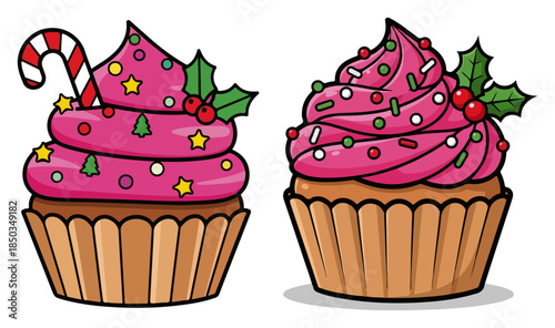 Two festive Christmas cupcakes with pink icing and candy decorations