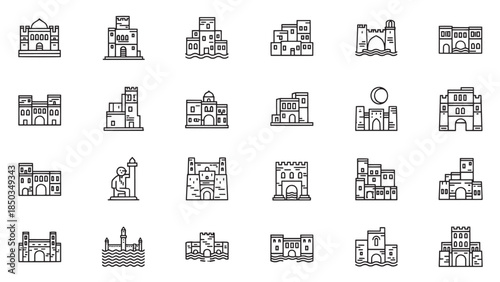 Minimalist line drawings of various architectural structures, including buildings and fortresses on a white backdrop