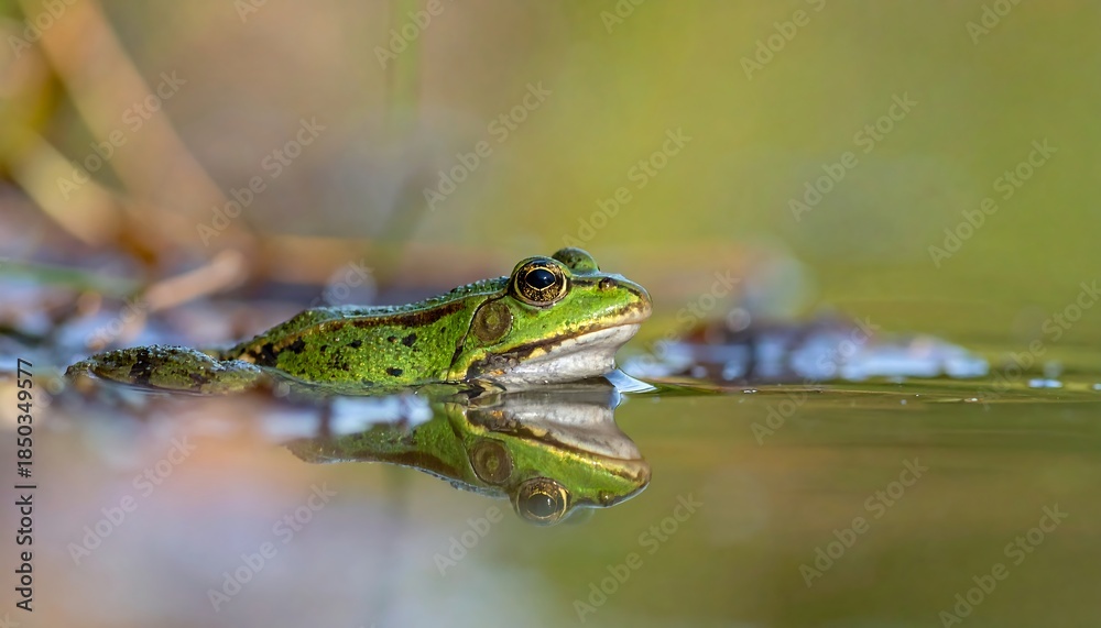 Obraz premium Green frog swimming in pond with a blurred background and its reflection visible in the water