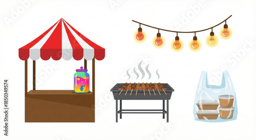Street food stall with grill and takeaway containers, illuminated by festive string lights