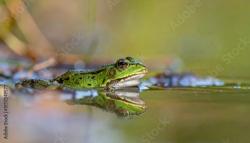 Green frog swimming in pond with a blurred background and its reflection visible in the water