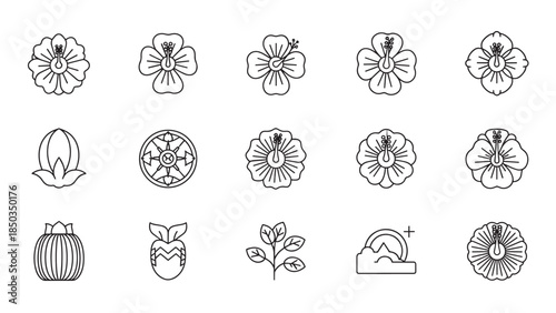 Minimalist outline collection hibiscus flowers, buds, plant, and sunset scene in black and white