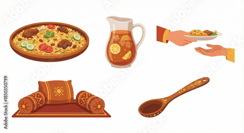 Traditional dining cultural elements illustration savory biryani, cool beverage, serving hands, decorative cushion, and spoon, perfect for food and hospitality themes