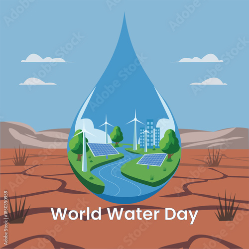 World Water Day Illustration with Renewable Energy and Environmental Conservation