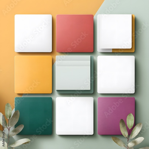 Colorful square mock up arrangement on a pastel background, featuring various shades and textures, ideal for design projects and creative presentations