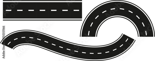 vector illustration of a road. City street road seamless elements set. Roads parts pieces builder : straight, curved, crossing, roundabout.