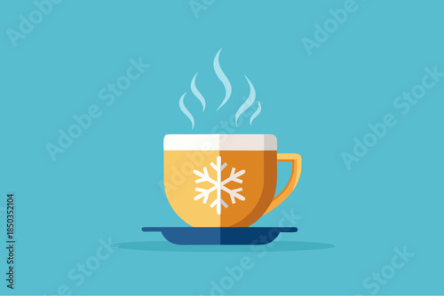 Hot winter drink in a yellow cup with snowflake symbol on blue background and rising steam