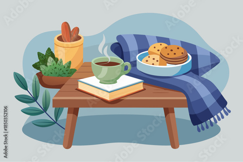 Cozy setup with hot drink, book, cookies, and blanket on wooden table surrounded by plants in a warm indoor scene