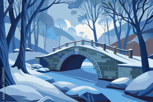 Snow-covered stone bridge over a frozen river in a quiet winter forest with bare trees and distant mountains in soft blue tones