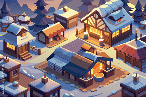 Snowy village market scene at dusk with glowing lights, wooden stalls, cozy houses, and snow-covered rooftops