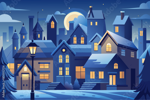 Cozy snowy town at night with warm lights glowing in windows, under a moonlit sky with clouds and stars