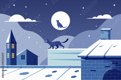 Black cat walking on snowy rooftop under full moon in quiet night sky with stars and clouds over a small town