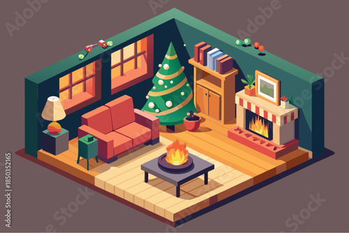 Cozy Christmas living room with fireplace, decorated tree, bookshelves, and warm furniture in festive atmosphere