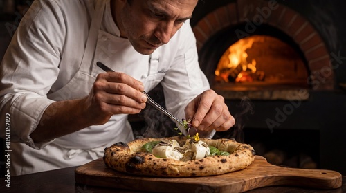 Professional chef delicately garnishing a hot gourmet pizza with burrata and truffles using tweezers on a wooden board in front of a burning wood-fired brick oven.