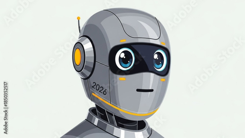 Futuristic Robot Head Illustration with Blue Eyes and 2026 Text, Isolated on Light Background