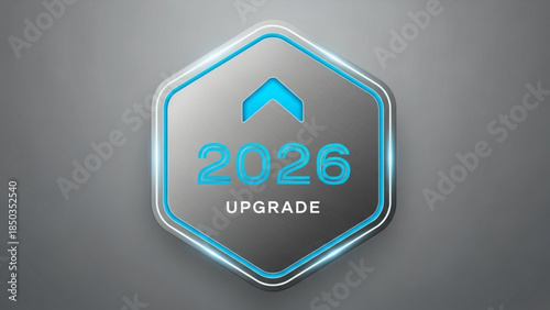 2026 Upgrade Metallic Hexagon Badge with Blue Glow 3D Render